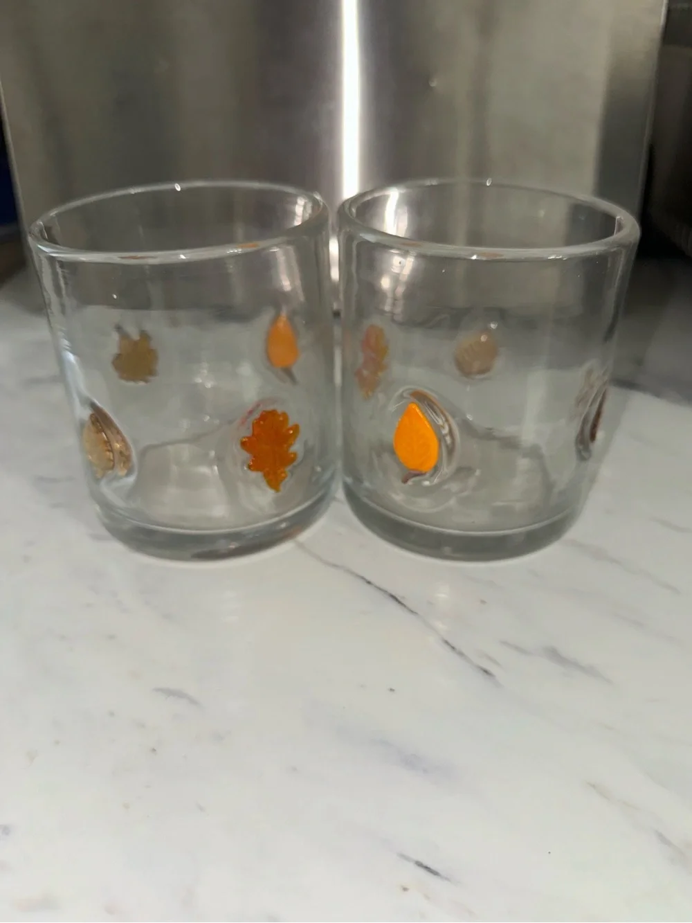 Set of 4 Juice Glasses Orange & Gold Leaf Motif Retro Barware